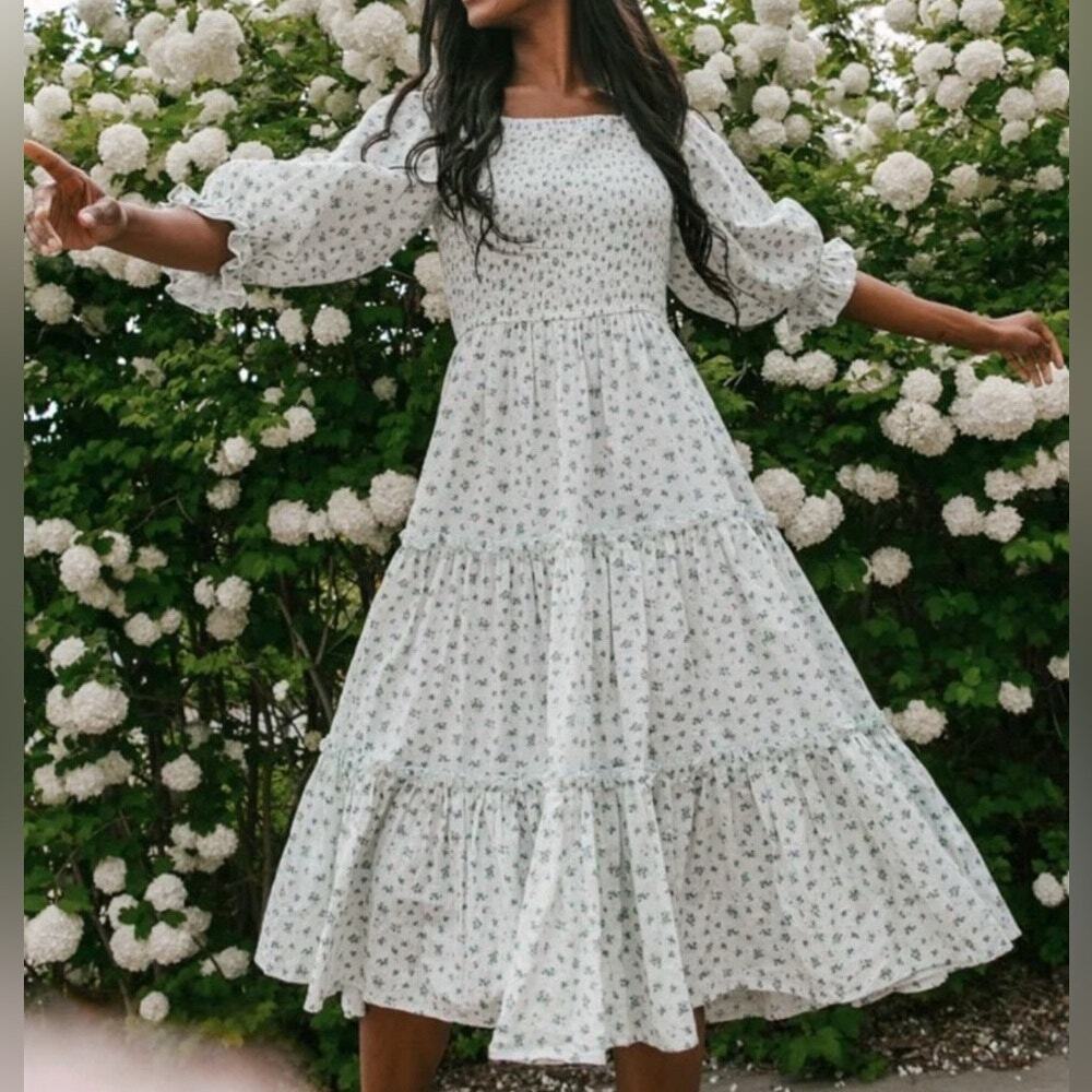 Ivy City XL Madeline Dress in Light Blue Cotton Tiered Floral Midi Length White